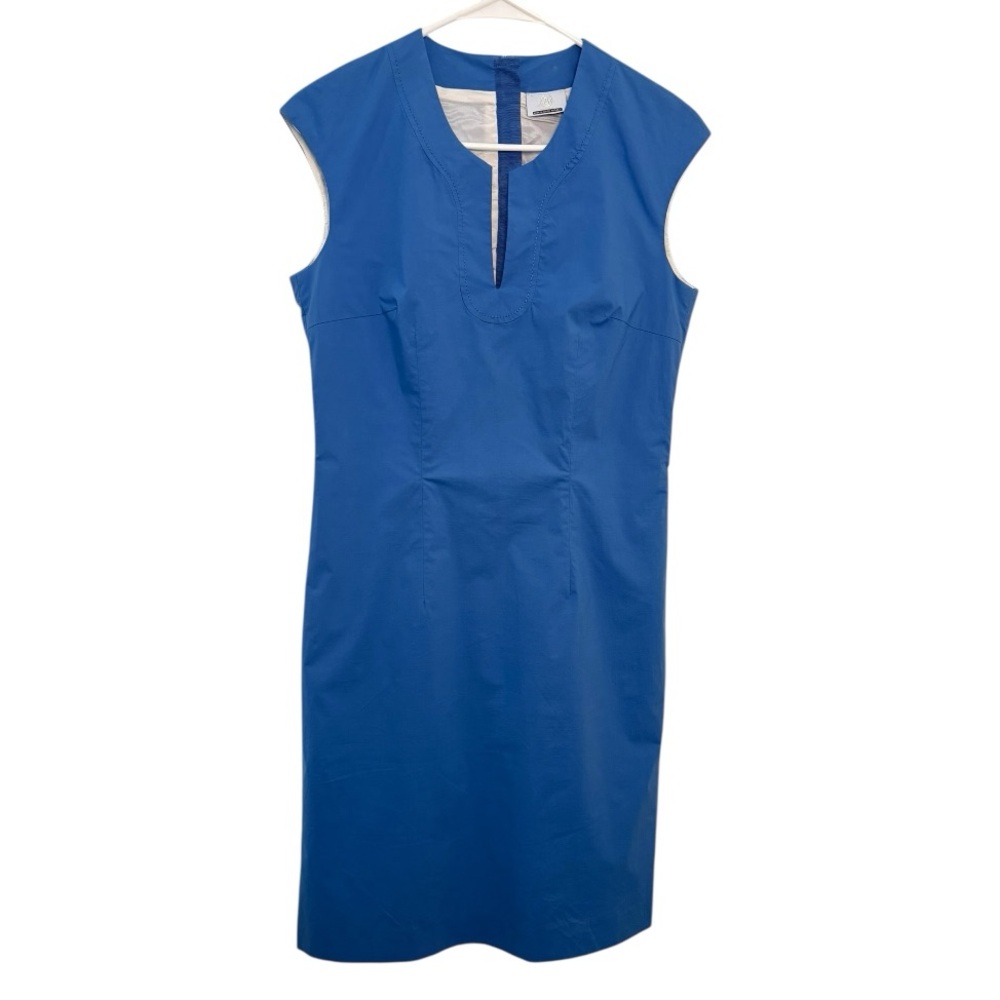 Bogner Blue Cotton Stretch Sheath Dress Size 6 Made in Czech Republic Logo Zip - Picture 2 of 6
